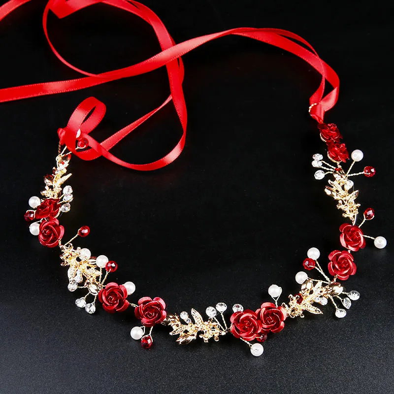 Hot Selling Rhinestone Hairbands Golden Floral Fashion Hair Accessories Bridal Wedding Decoration Accessories Red Flower