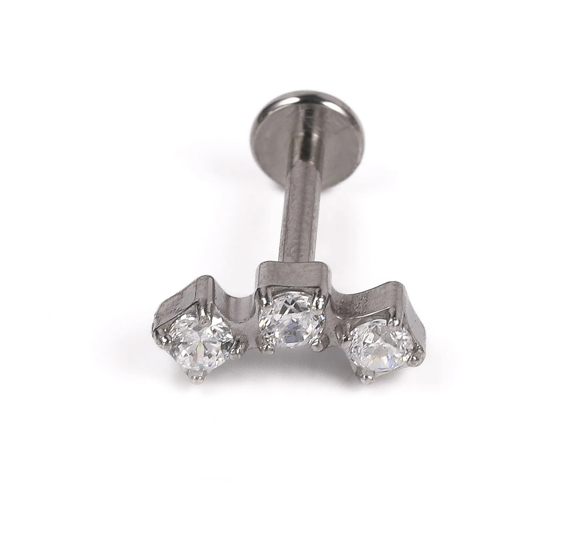 1 Piece Stainless Steel Cast Curved Three-Stone Fashion Internal Spiral Lip Stud Lip Ring Ear Cartilage Stud Piercing Jewelry