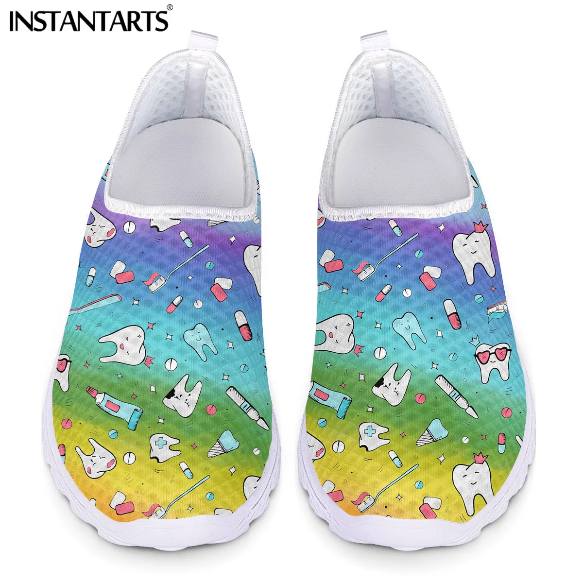 INSTANTARTS Funny Cartoon Gradient Teeth Print Slip On Flats Shoes Woman Breathable Summer Casual Sneakers Dentisit Footwear New