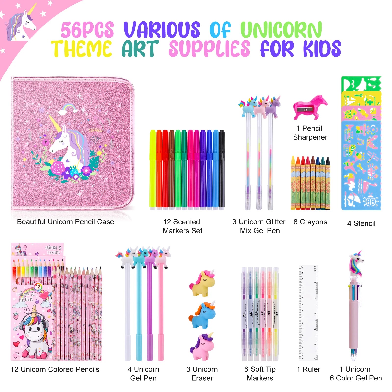 56 Pcs Children Drawing Set Unciorn Colored Pencils Markers Crayons Painting Tool Art Supplies Pencil Case Stationery Kids Gift