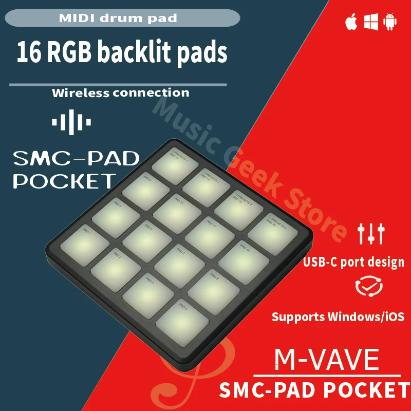 M-VAVE SMC-PAD Pocket Wireless MIDI Controller - 16 RGB Pads, Bluetooth, USB-C, Portable Battery-Powered for Music Production