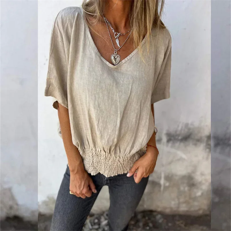 Women V Neck Loose Pullover Shirt Solid Color Comfortable Cotton Linen Pleated Hem Blouse Female Summer Casual Short Sleeve Tops