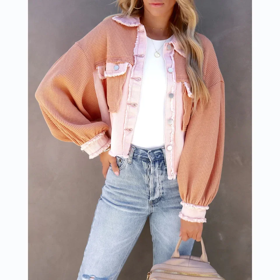 Ins Casual Fashion Style 25 Years Foreign Trade Autumn and Winter Waffle Spliced Washed