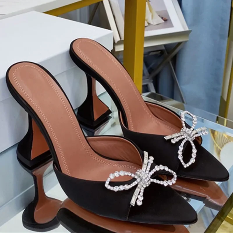 2025 Women's Sandals European and American Summer and Autumn New High Heel Fashion Banquet Diamond Bow Tip Open Toe Slippers