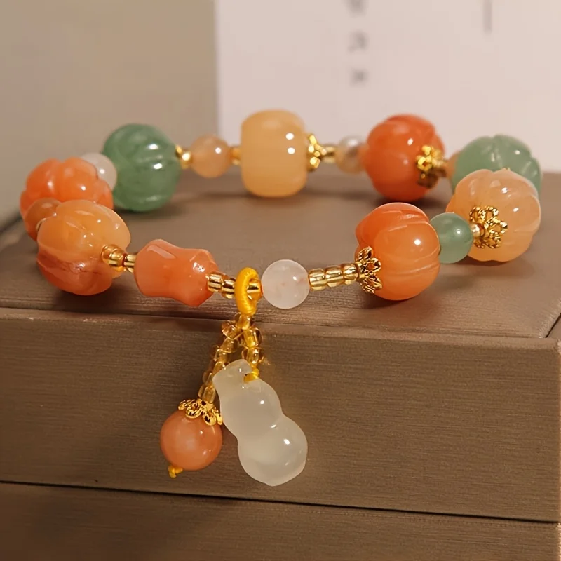 

1Pc Vintage Bohemian Natural Stone Pumpkin & Gourd Beaded Bracelet, Luxury Gift for Valentine's Day & Birthday