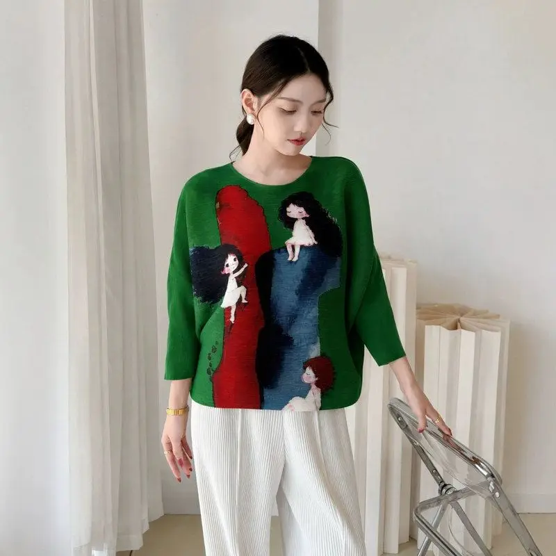 Loose Fit Women's round Neck T-Shirt Batwing Sleeve Print Casual Style Polyester Blend Seven Quarter Sleeve Folded Hem T-Shirt