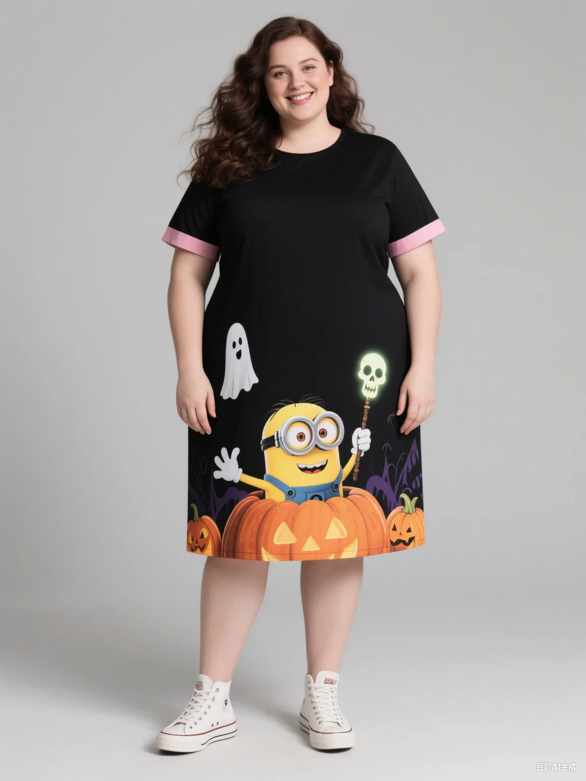 2025 التوابع كيتي القط مضحك IP طباعة الخريف حجم كبير فستان المرأة المرأة بلا أكمام فستان برقبة مستديرة ل الزي المألوف