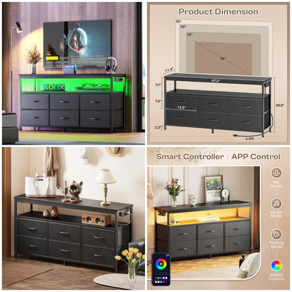 

LED TV Stand for 43-55 Inch TV, Black Storage Entertainment Center with Power Outlets, 6-Drawer Dresser for Bedroom or Living Ro