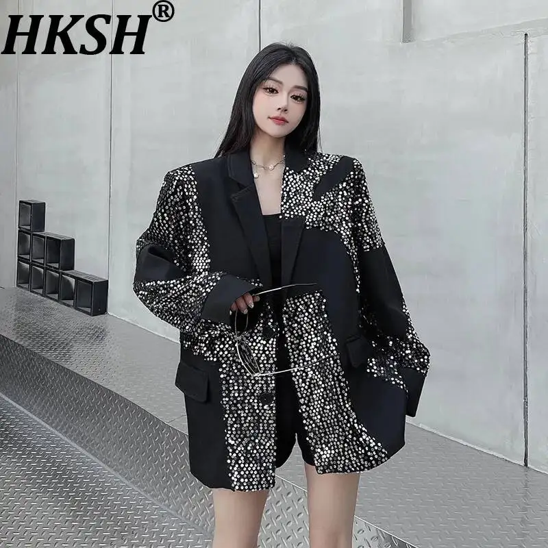 HKSH Women Blazer Dark Style Heavy Sequined Patchwork Design Chic High Street Loose Casual Niche Suit-Coat Spring Autumn HK25478
