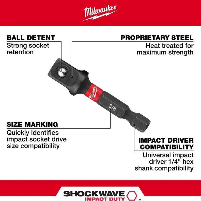 Milwaukee 48-32-5033 SHOCKWAVE Impact Sechskantschaft-Steckschlüssel-Adapter-Set, 3-teilig, kundenspezifisches Werkzeugzubehör aus legiertem 76-Stahl mit langer Lebensdauer