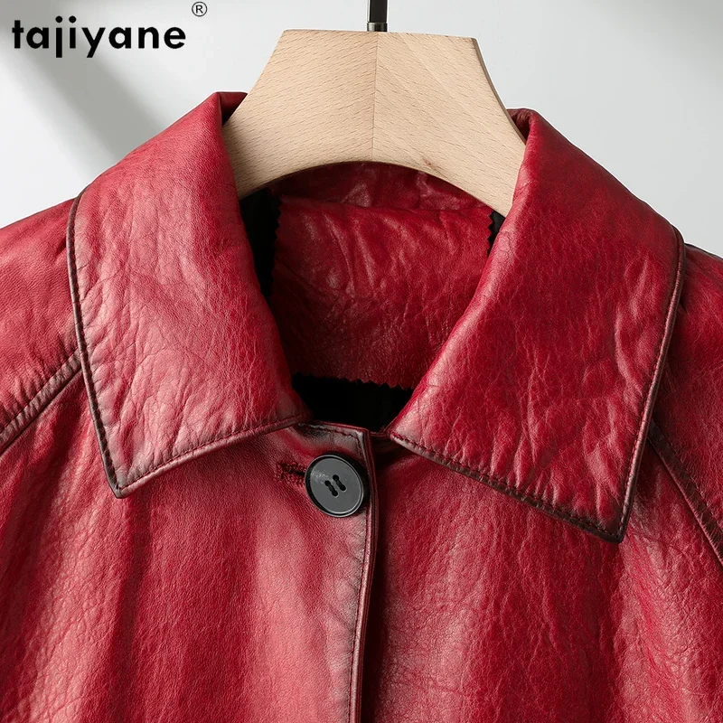 Tajeyane-Chaqueta de piel auténtica para Mujer, abrigo corto Vintage 2023 de piel de oveja auténtica, con cuello vuelto, de alta calidad, 100%