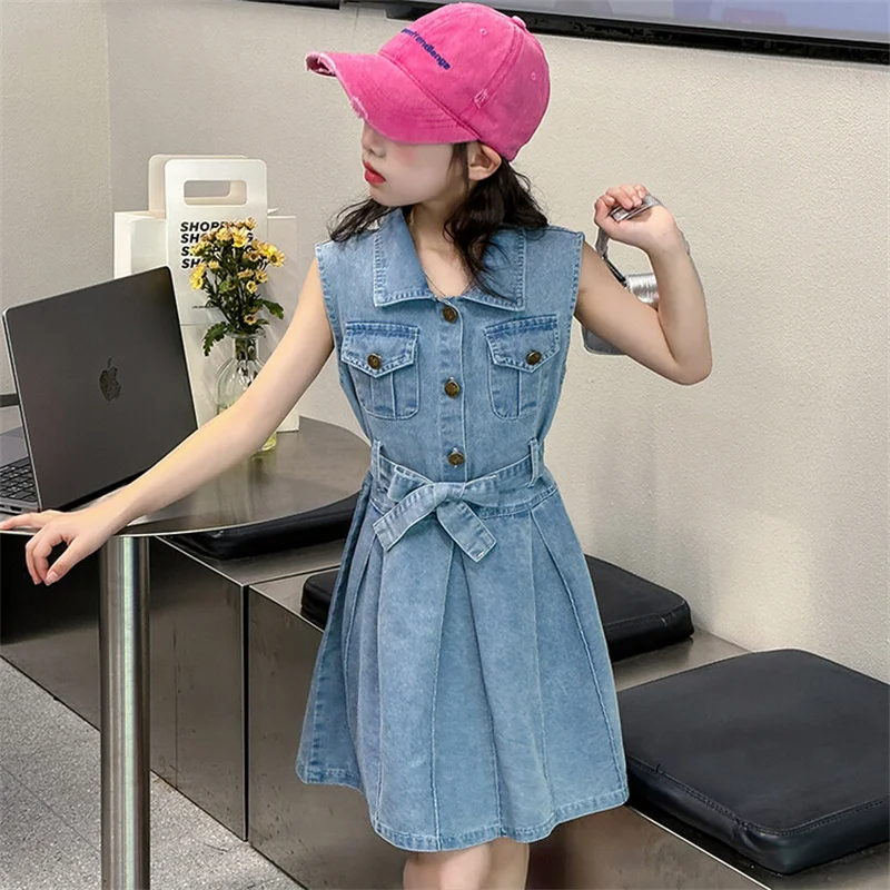 Girls Summer Dress New CuHK Kids Korean chic denim skirt sleeveless trend for little girls 6-12 years old