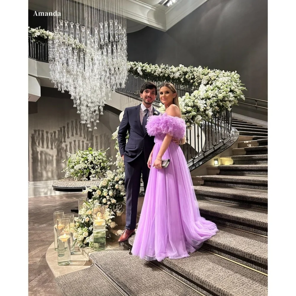 

Amanda Customized Purple One Shoulder Backless Prom Dresses Mesh Fabric vestidos de noche A-line Floor-Length Formal Evening