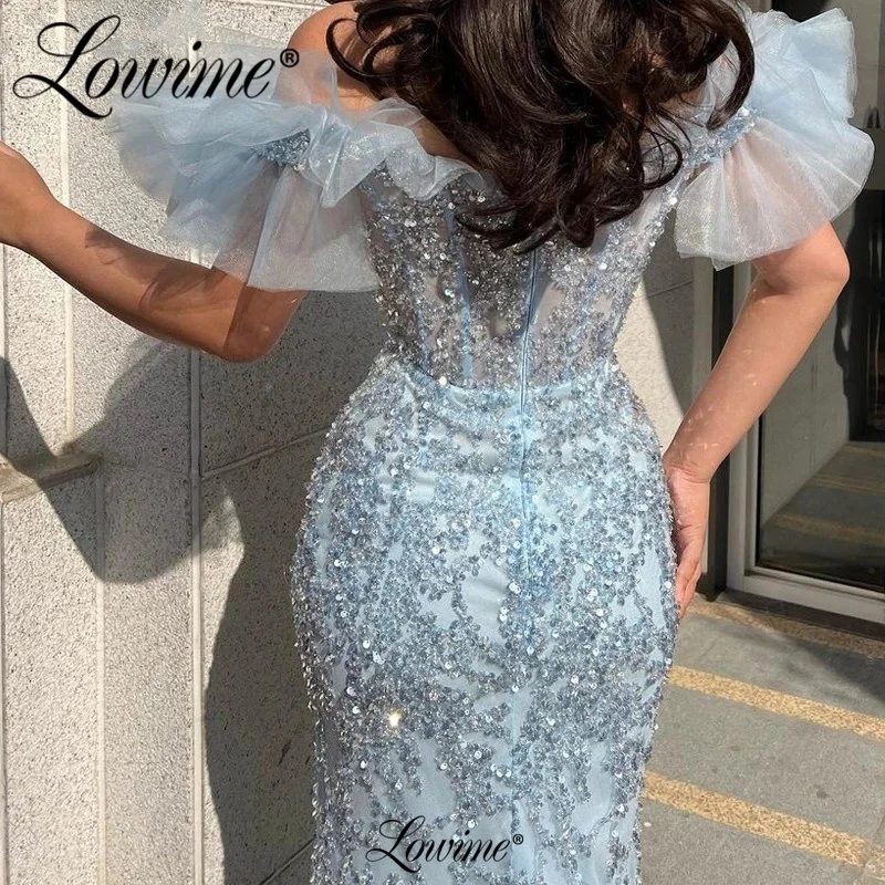 Blue Slim Mermaid Beaded Sequins Party Dress Off The Shoulder Arabic Long Evening Gowns For Women Prom Dresses 2023 Customized