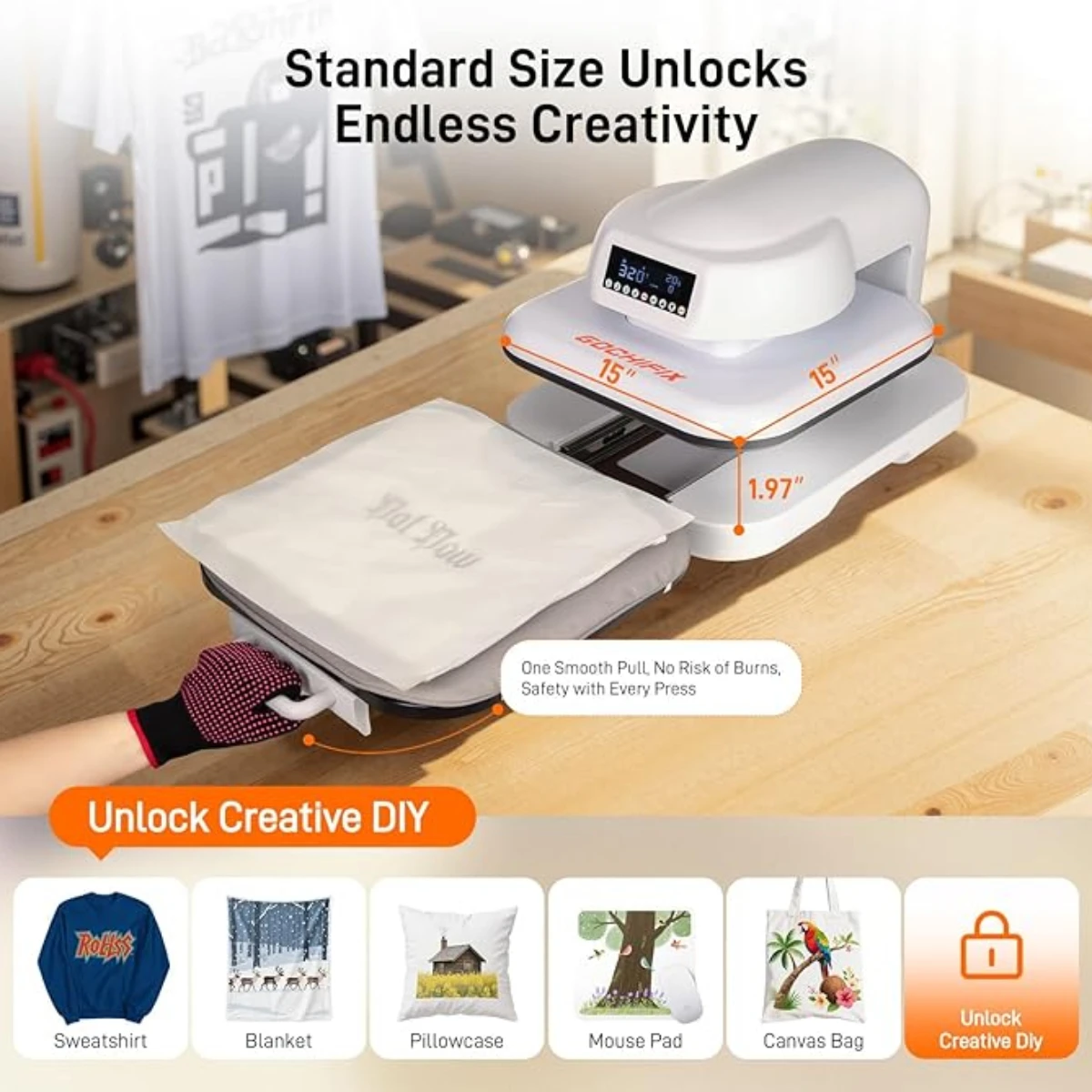 티셔츠용 열 프레스 기계 15"x15" 자동 셔츠 프레스 기계, 4가지 메모리 모드, 15분 자동 차단, 빠르고 균일한 열 프레스 장치