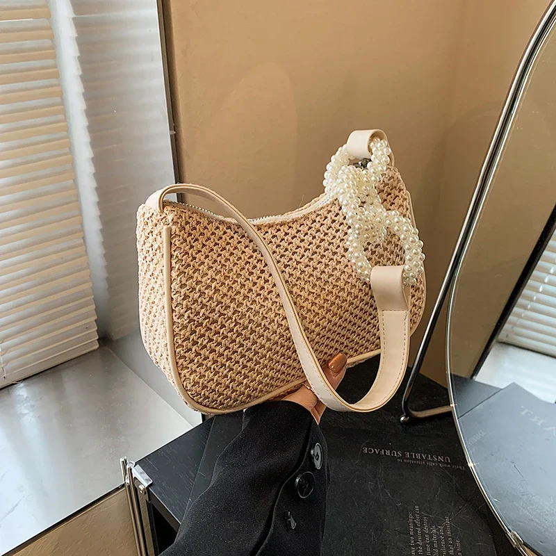 

Summer Straw Woven Solid Hollow Out Satchels Zipper Ladies Shoulder Bags 2026 Hot Sale Sewing Beach Versatile Women's Handbags
