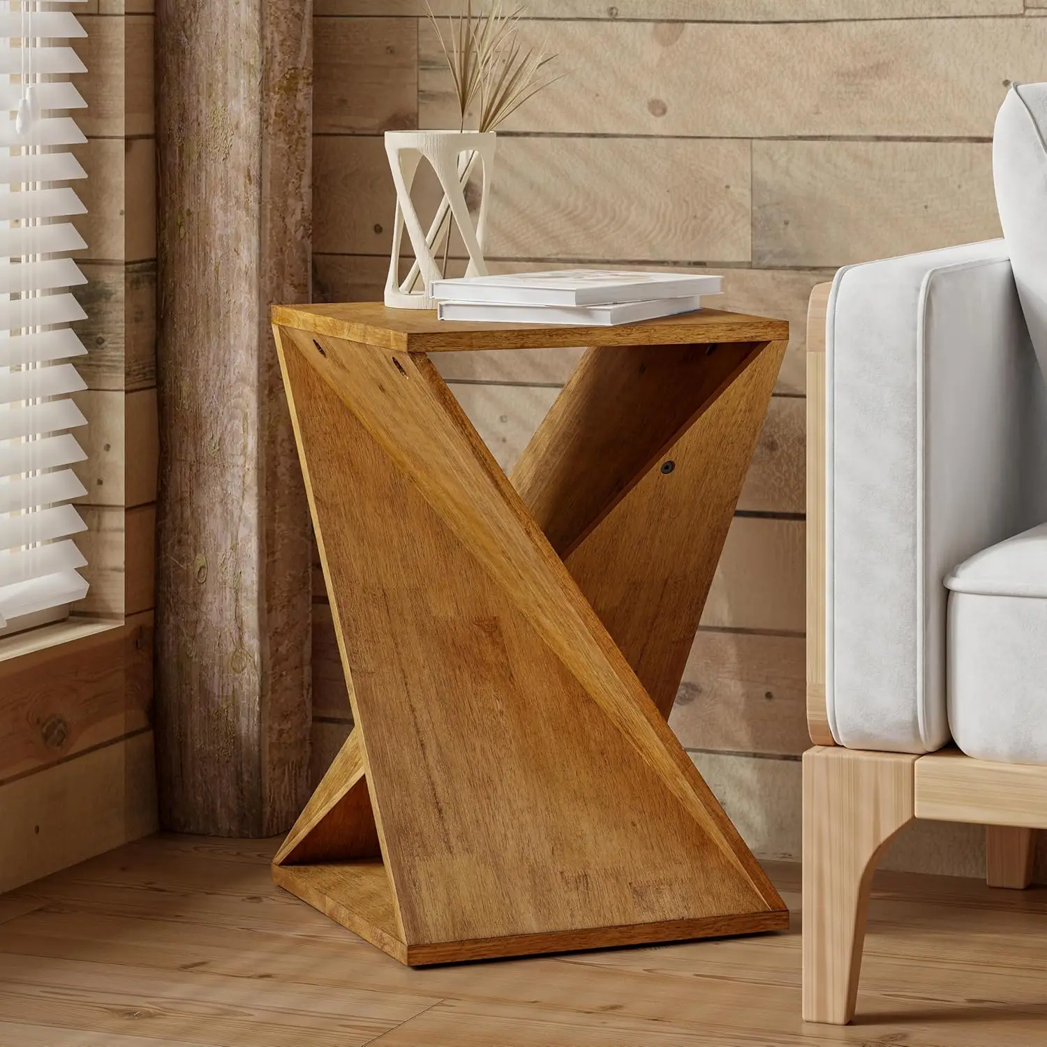 

Farmhouse End Table Square Solid Wood Pedestal Side Table Rustic Plant Stand with Twisted Design for Living Room,Bedroom,Office