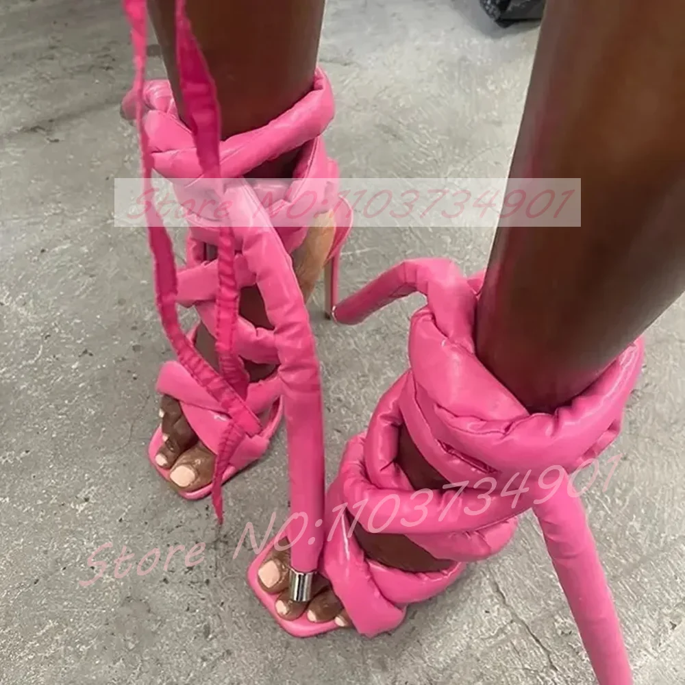 

Thick Rope Cross Strap Stiletto Sandals Women Chic Square Toe Pink Lace-Up High Heels Shoes Ladies Trendy Party Solid Sandals