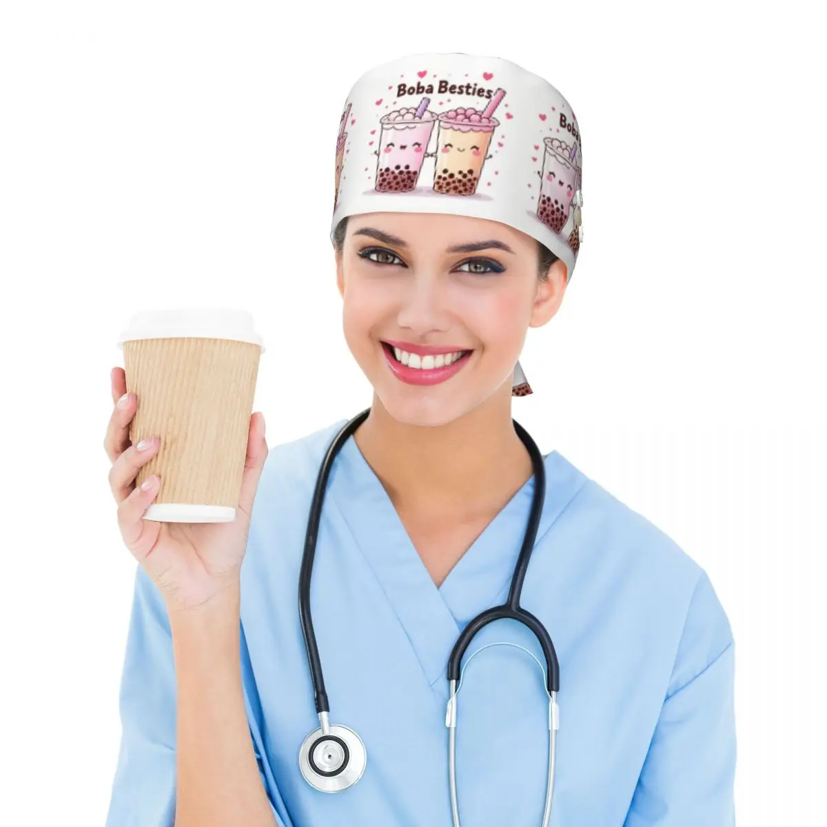 Boba Besties Cute Kawaii Bubble Tea Scrub Hat Doctor Working Surgical Cap Unisex Adjustable Nursing Caps for Dentist