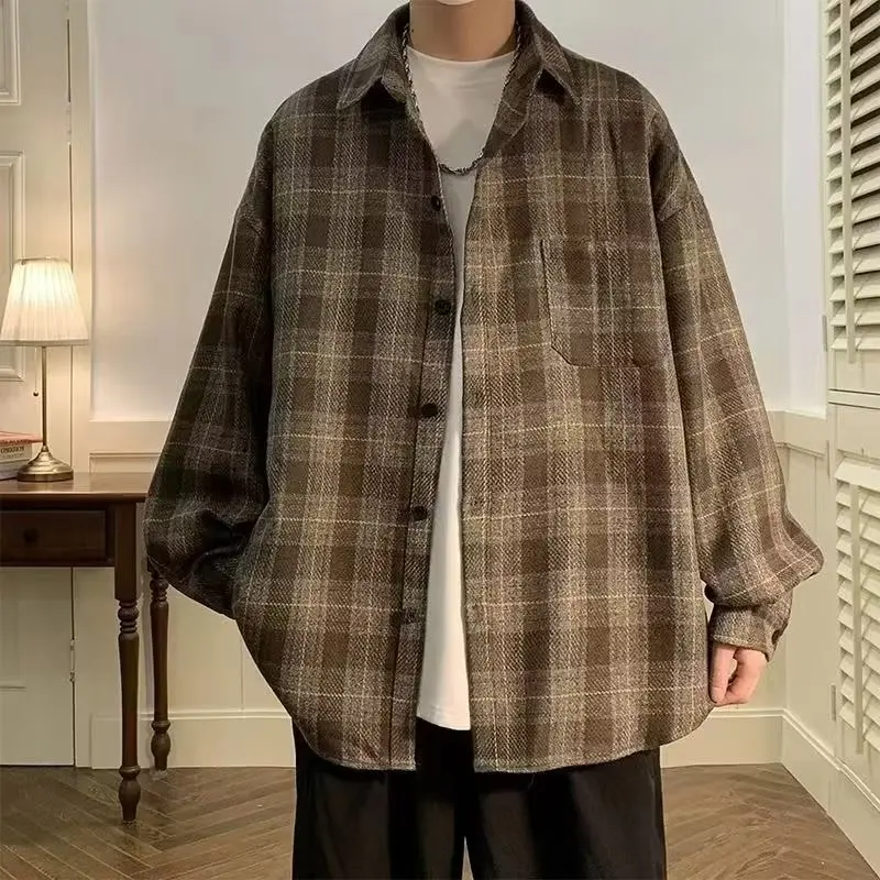 Checkered shirt, men's long sleeved Hong Kong style high-end jacket, spring and autumn top, autumn trendy brand workwear shirt