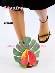 Anthurium Big Green Leaves Sandals Ankle Strap Square Toe Strange Style Women's Sandals 2023 New Design Runway Pre-sale Shoes