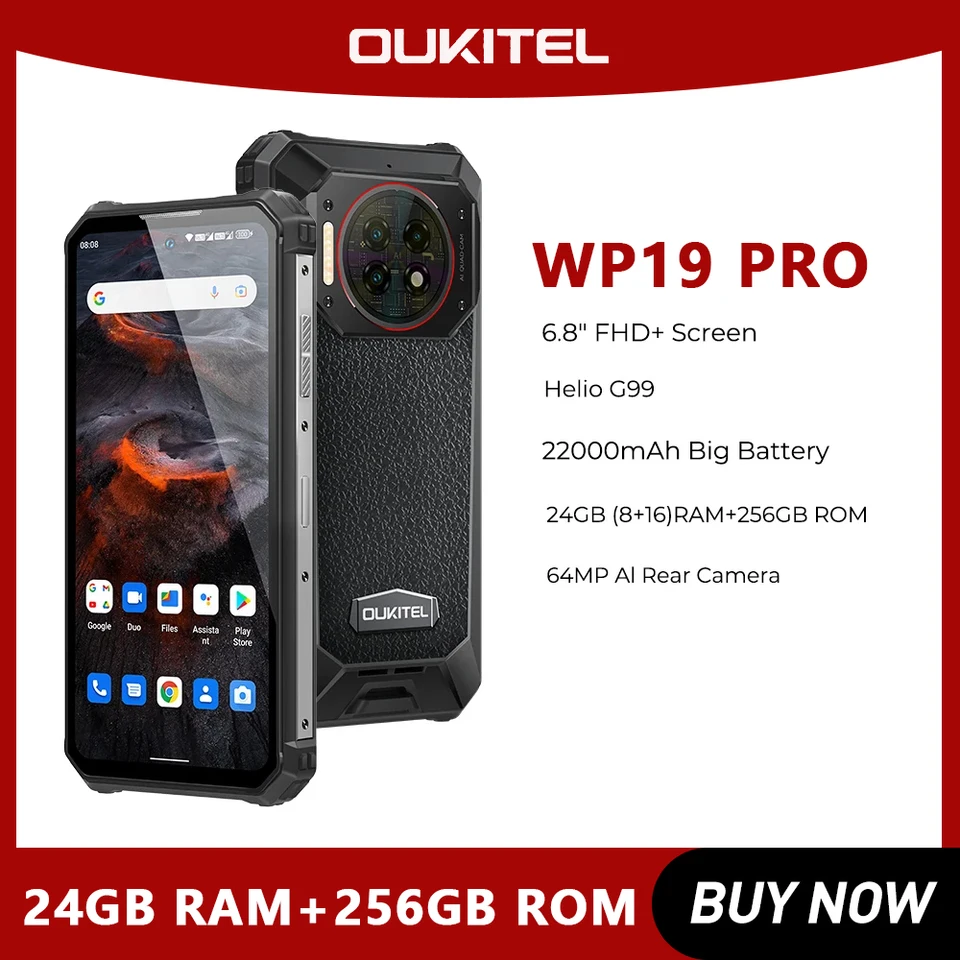 Rugged Phone Oukitel WP19 Pro Helio G99 Cellphone 22000mAh 24GB