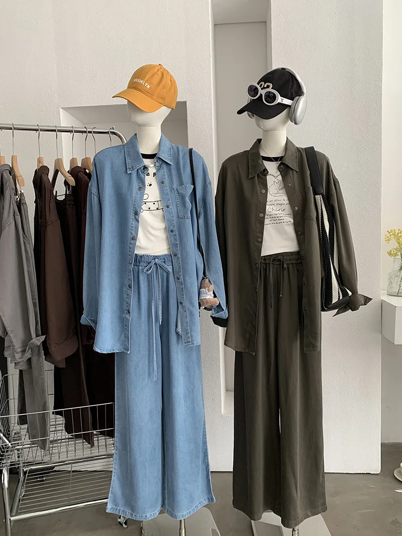 Spring New Women's Denim Set Korean Casual Fashion Simple Solid Color Lapel Long Sleeve Shirt Wide Leg Jeans Two-piece Sets view 2