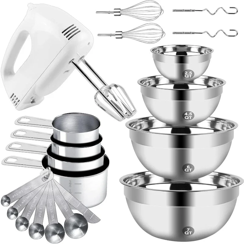 

Innovative Hand Mixer Electric Mixing Bowls Set, 5 Speeds Handheld Mixer with 4 Nesting Stainless Steel Mixing Bowl NEW