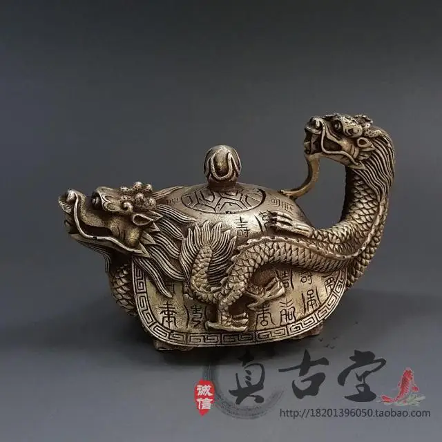 

Special Price Antique White Copper Brass Plated Silver Longevity Dragon Turtle Teapot Ornaments, Water Teapots, Tea Pots, Decora