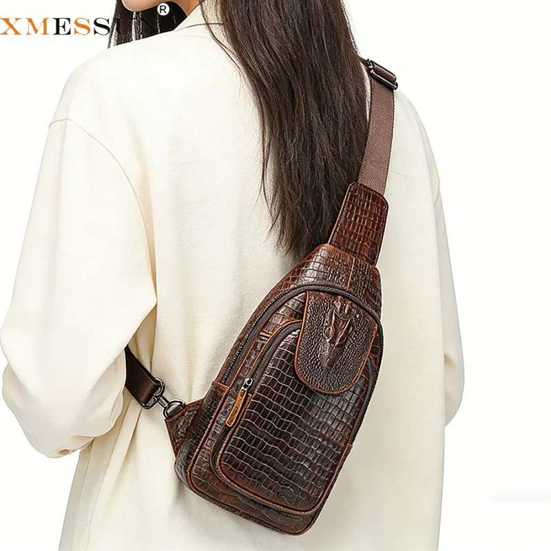 New Trend Genuine Leather Vintage Chest Bag for Men,2026 Fashion Designer Crocodile Pattern Women Casual Shoulder Crossbody Bag