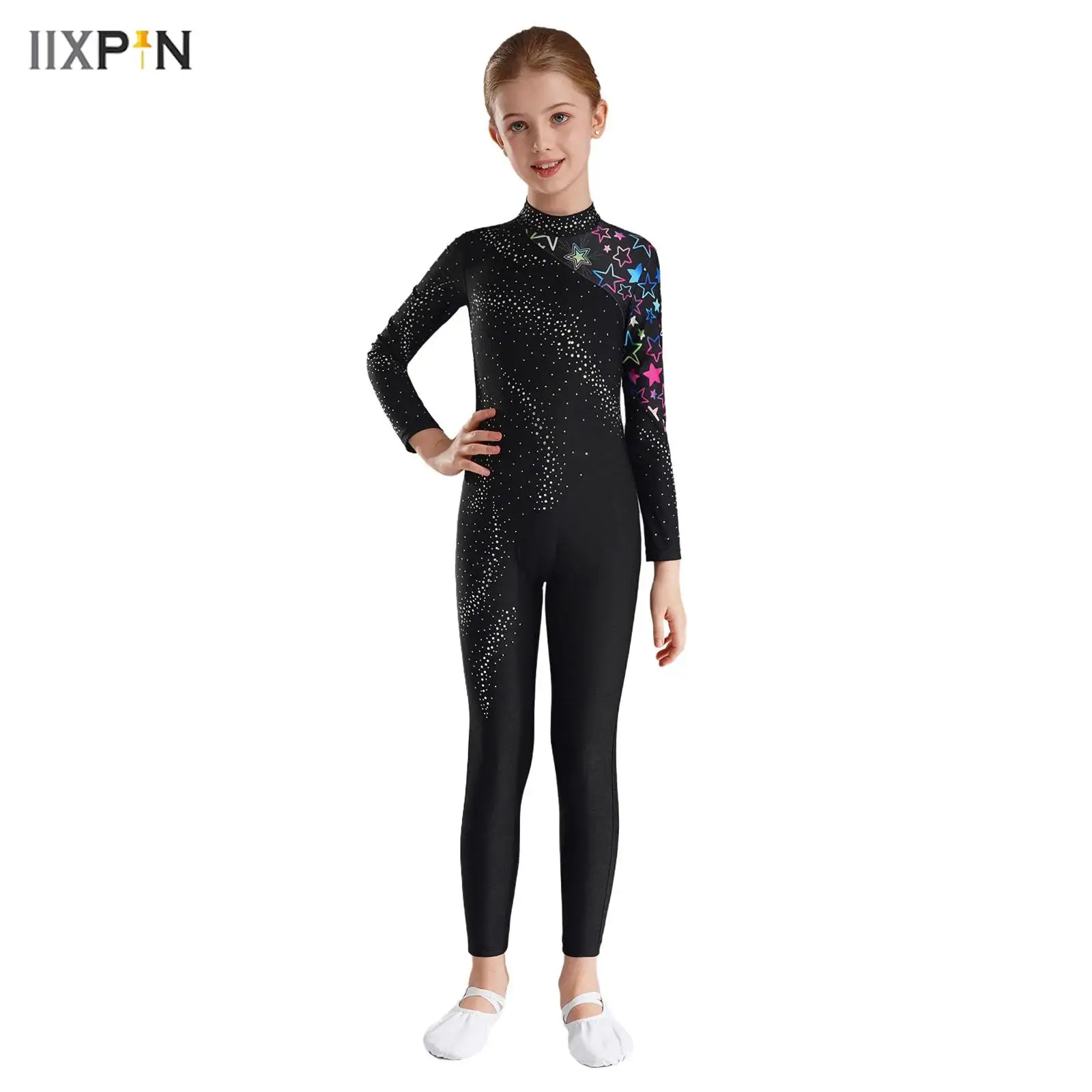 

Kids Girls Fashion Printed Jumpsuit for Ballet Gymnastics Acrobatics Performance Shiny Rhinestones Mock Neck Long Sleeve Leotard