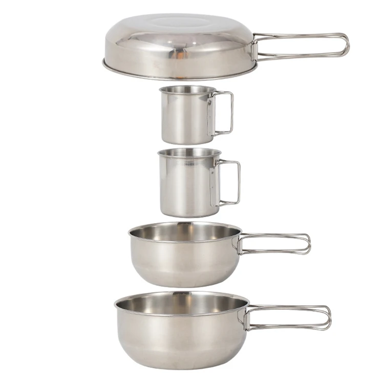 Kitchen Cooking Pot Accessory Kit Portable Lightweight Folding Handle 5 Pieces 304 Stainless Steel Cookware Set for Camping BBQ
