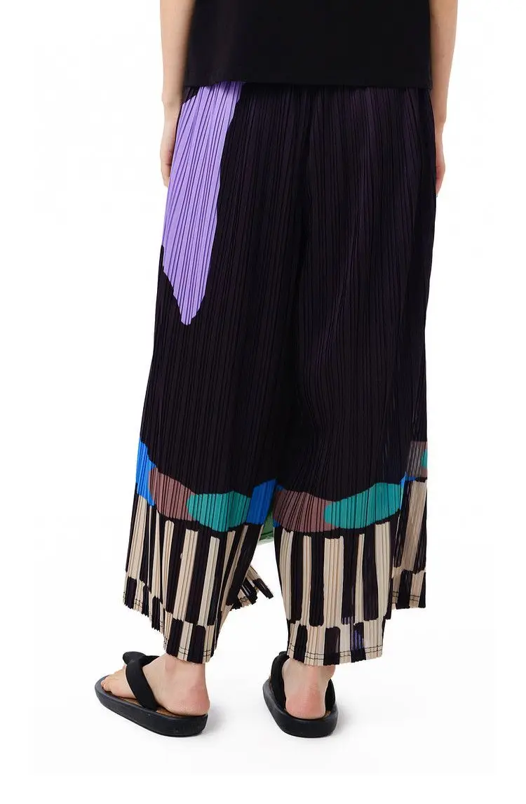 Pleated summer new FUN series elastic waist pocket fun printing casual straight-leg pants women trousers
