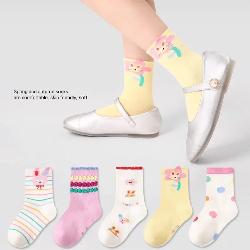 5 أزواج من جوارب الأميرة الأرنب الصغير للفتيات، تصميم مريح للغاية من القطن المرن متعدد الألوان على شكل سحابة الزهور #1