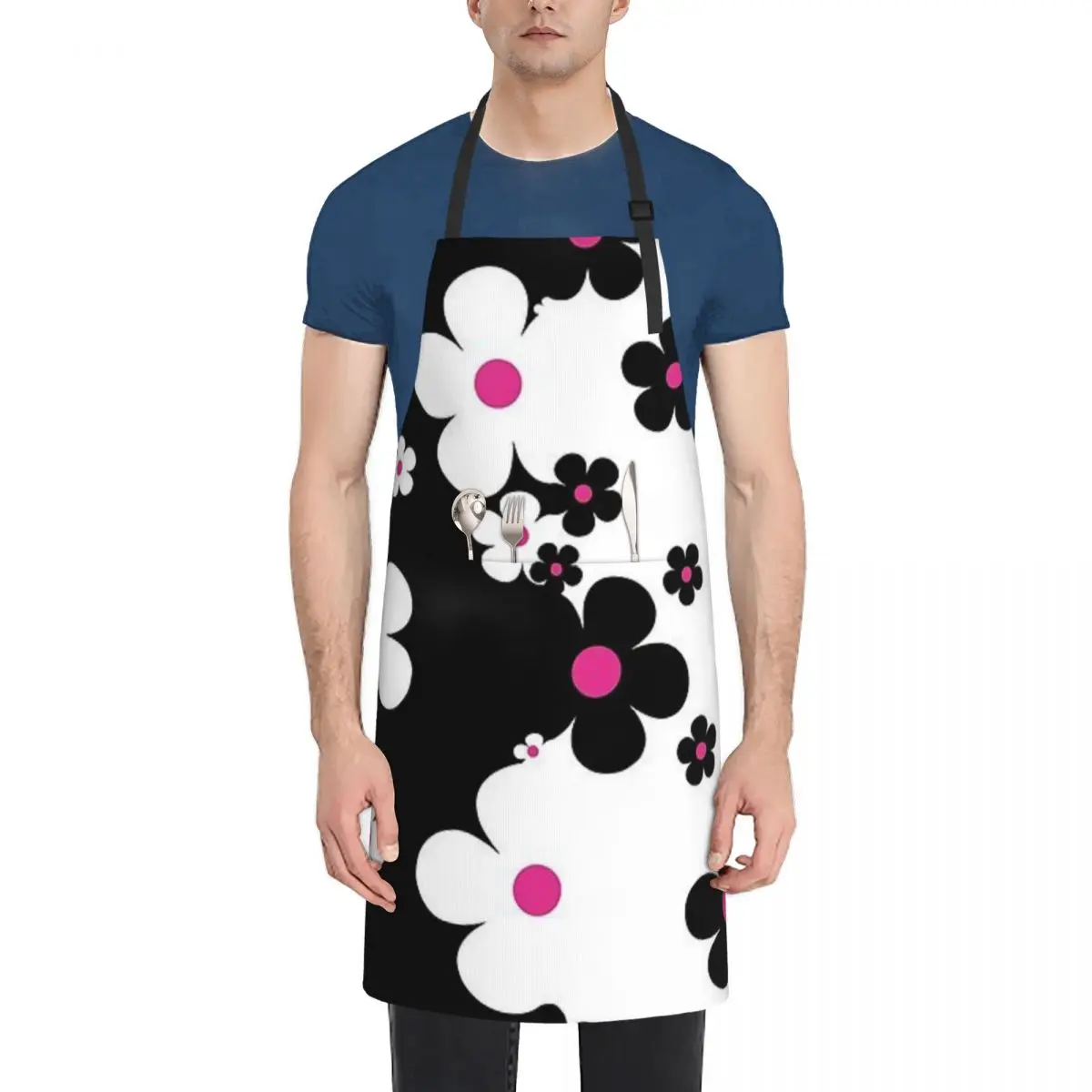 Flowers In Black, White And Pink Adult Waterproof Apron with Pockets - Easy-Care, Stain-Resistant Apron for Cooking, Baking