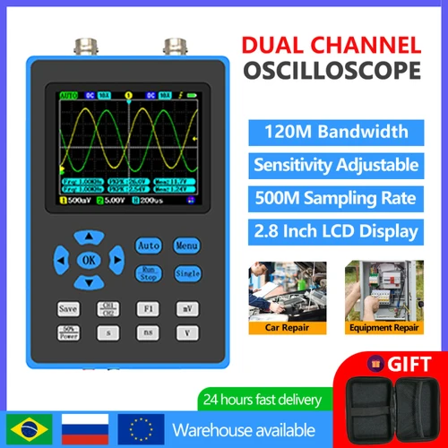 デュアルチャンネルオシロスコープ,最小垂直感度,fftスペクトル分析,dso2512g,帯域幅120m,500msa/s, 2 in 1,10mv