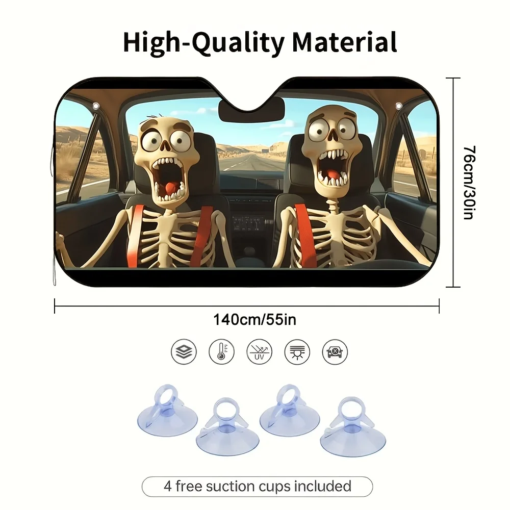 1pc Halloween Skeleton Road Design Car Sunshade – Stylish & Foldable, Keeps Your Car Cool, Easy Installation With 4 Suction Cups - Image 3