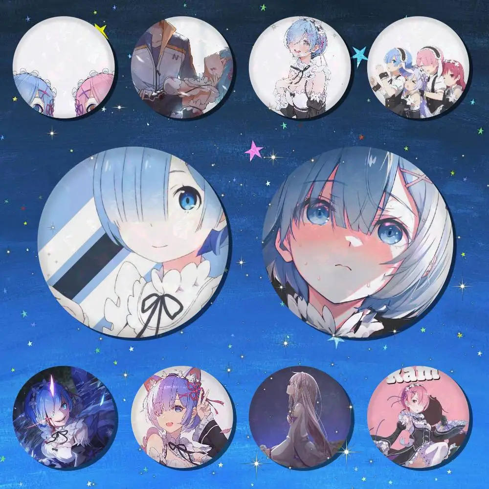 Anime-Mädchen R-ReZero Abzeichen für Rucksack-Accessoires, Manga-Icons, Anstecknadeln, runde Cartoon-Broschen für Kleidung, Taschen, Dekoration, Geschenke