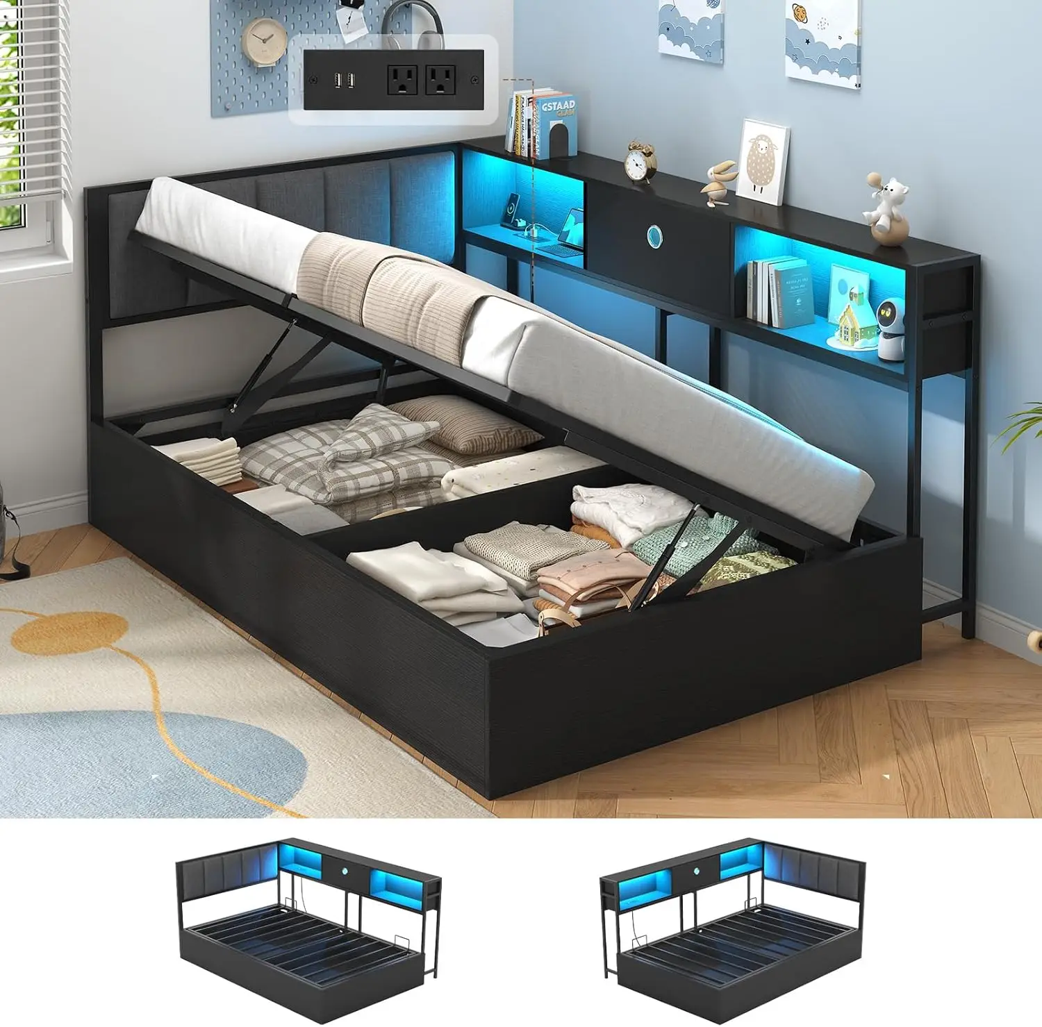 

Corner Twin Lift Up Storage Bed Frame with Charging Station LED Lights Twin Day Bed with Upholstered Headboard and Bookcase