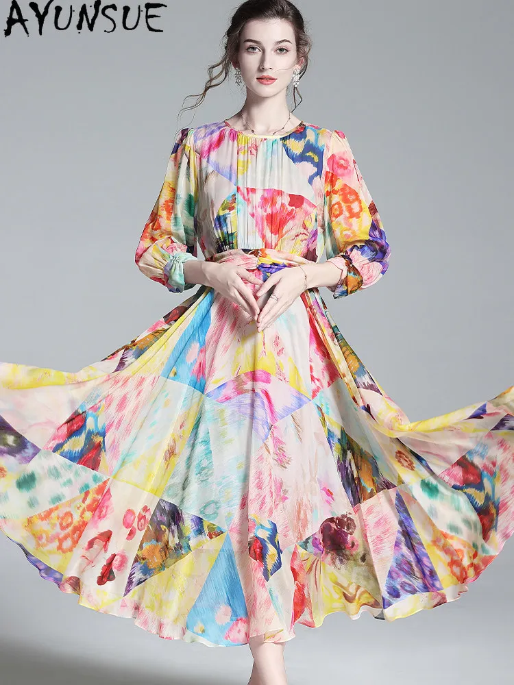 AYUNSUE 100% Real Mulberry Silk Elegant Dresses for Women Clothes 2026 Summer Dress Fashion Long Dress Print Платье Женское