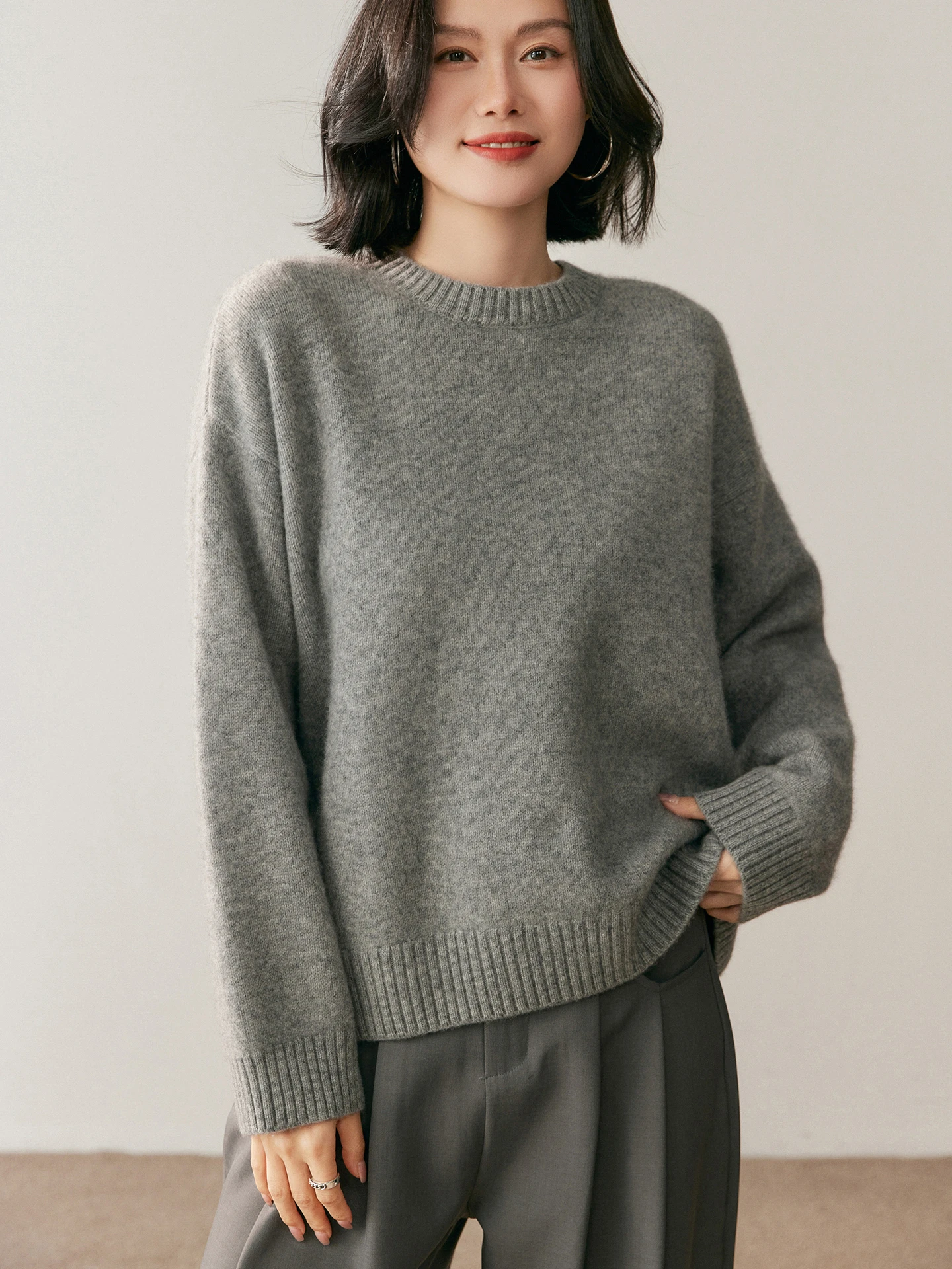 TLOML Jesienno-Zimowy Sweter Damski 100% Kaszmir Okrągły Dekolt Długi Rękaw Jednolity Kolor Miękki Ciepły Sweter z Kaszmiru Luźny Gruby Top