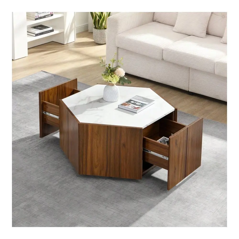 Rustic Retro Wood Coffee Table, With 2 Hidden Drawers, Textured White Marble Tops, Walunt Oak Finish Perfect For Living Room An