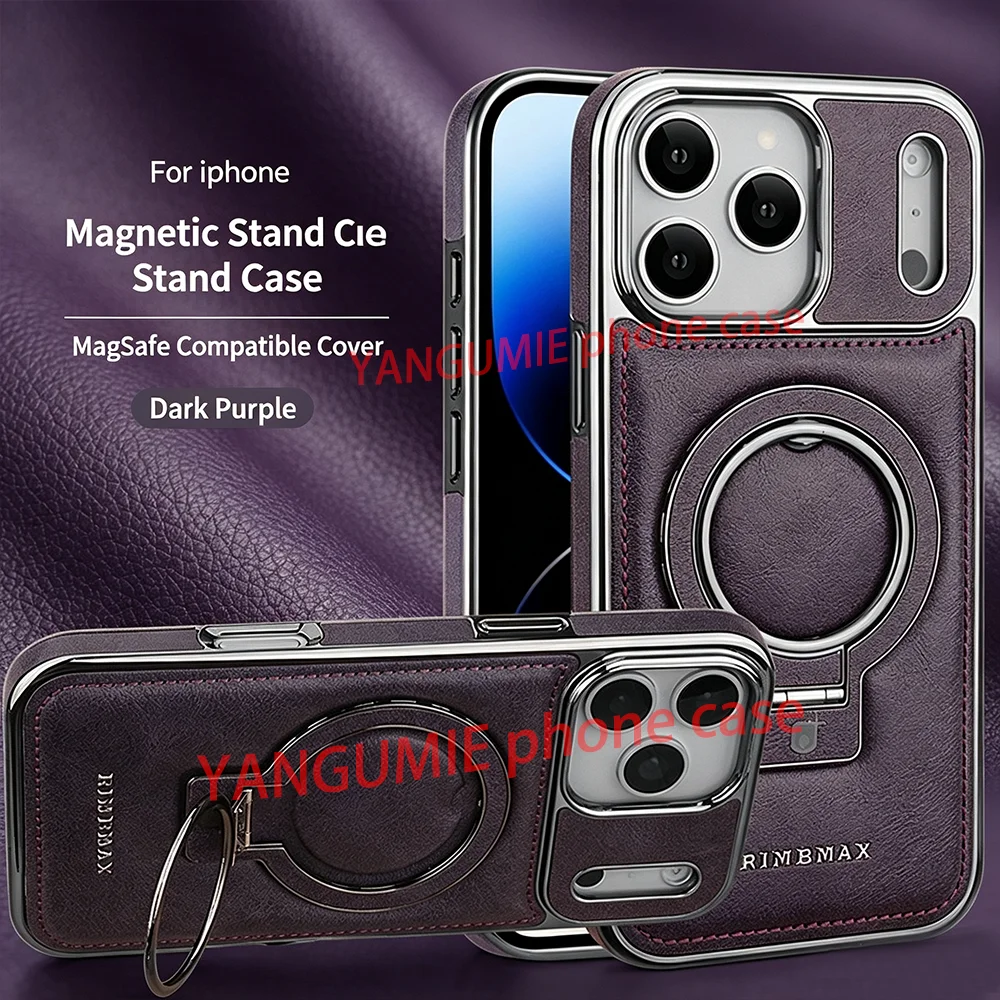 For Electroplated leather fulcrum iPhone17/16 Pro Max mobile phone case high-grade leather magnetic bracket business hard cover