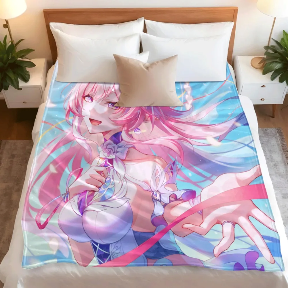 Anime Flannel Throw Blanket Elysia Pink Long Wavy Hair Purple Eyes Elf Ears White Purple Dress Flower Detail Warm Sofa Bedding
