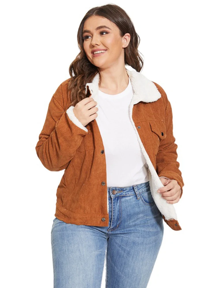 Vangull Women Winter Solid Long Sleeve Outerwear Female Vintage Short Lady Outwear Warm Corduroy Padded Jacket Thick Velvet Coa