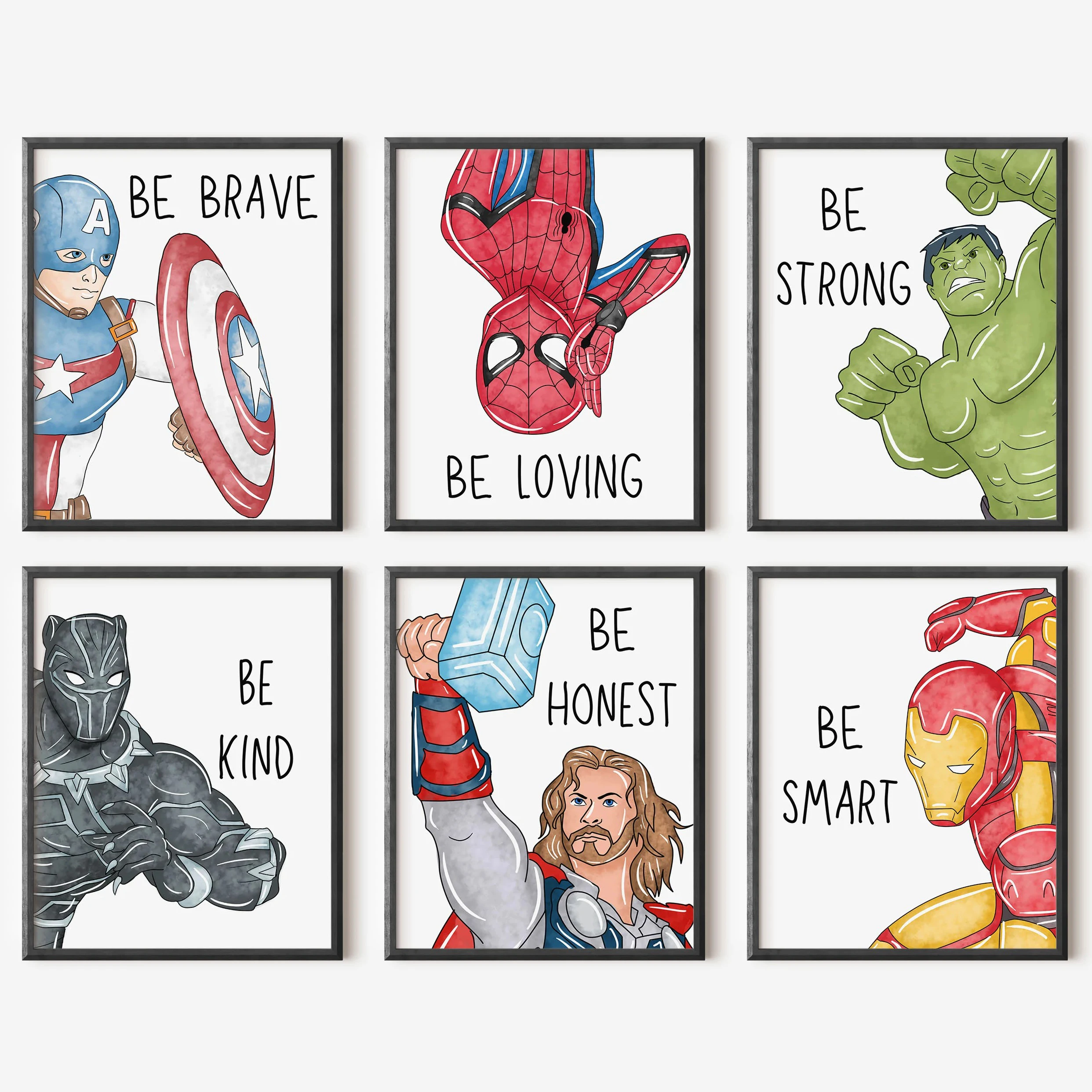 

Set of 6 Superhero Wall Art Disney Cartoon Art with Affirmation Quotes Brave Strong Bold Boys Room Decor Kids Room Wall Decor