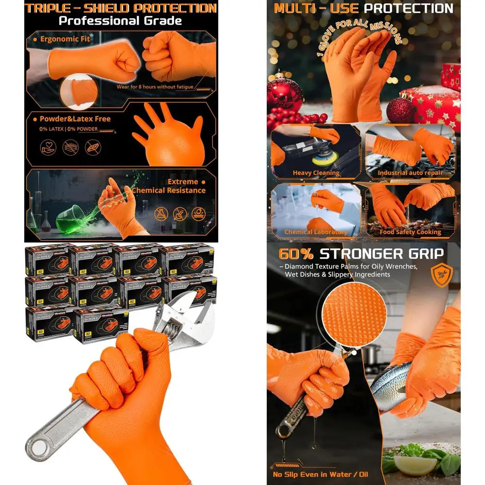 

Orange Large Nitrile Gloves, Heavy Duty Disposable, 800 Pieces, Latex-Free, Powder-Free, Diamond Textured for Automotive, Mechan