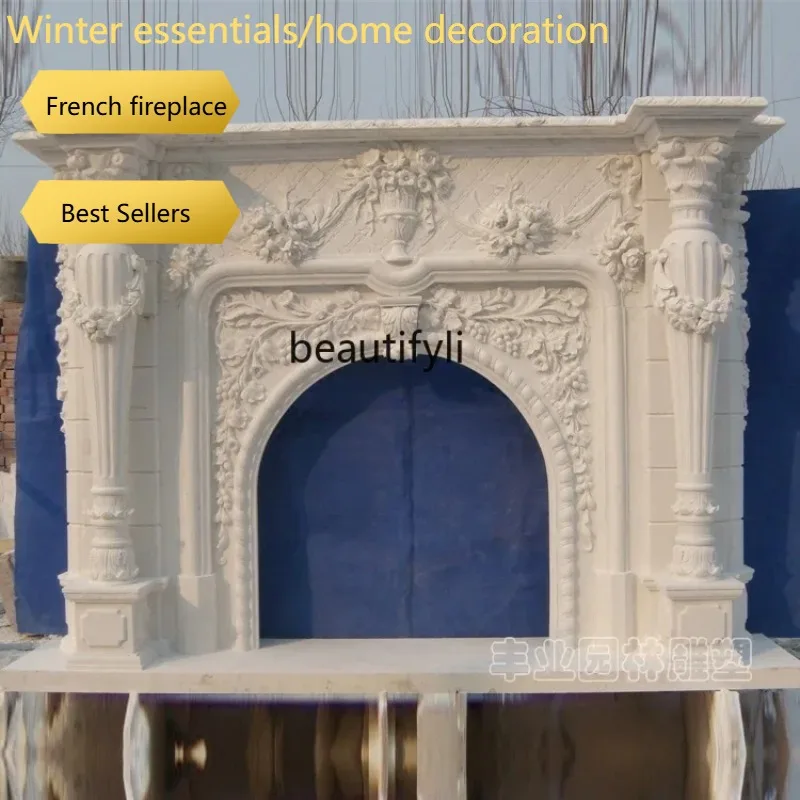 a95  Marble white marble fireplace European carved mantel TV background wall decoration