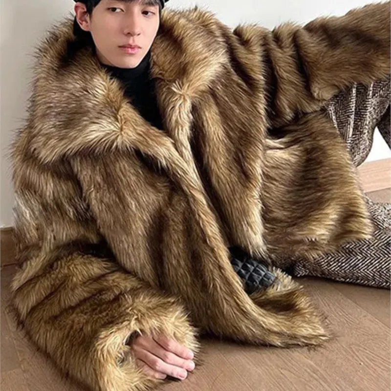 2025 معطف الفرو الاصطناعي الشتاء سميكة الدافئة شعر أشعث فو الراكون معطف الفرو رجل طويل الأكمام عالية الجودة الفاخرة رقيق سترة