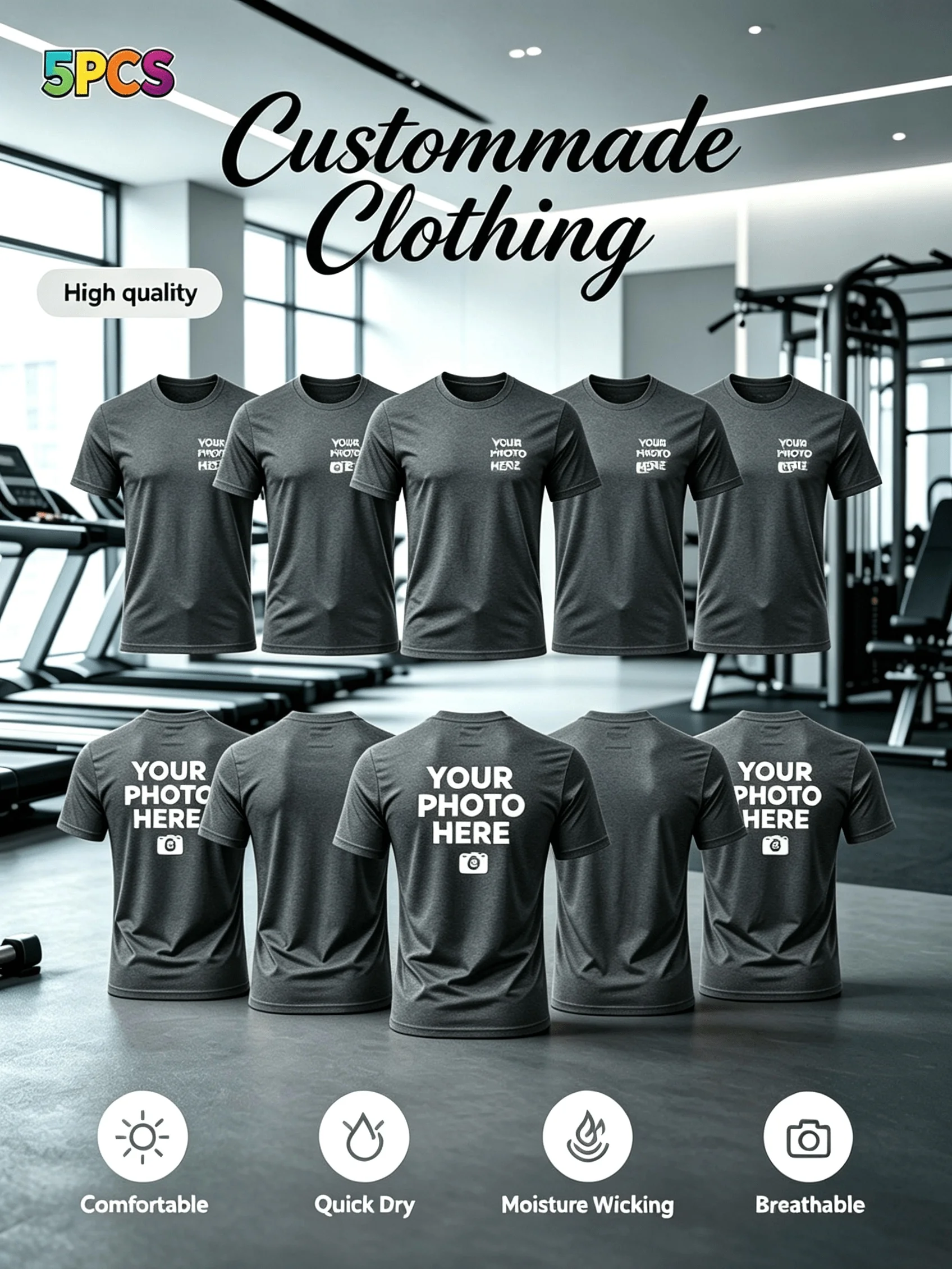 5-Piece Set. Customized Product. Men's Quick-Drying Sports T-Shirt [with Customizable Logo/Pattern] - Lightweight, Breathable image 3